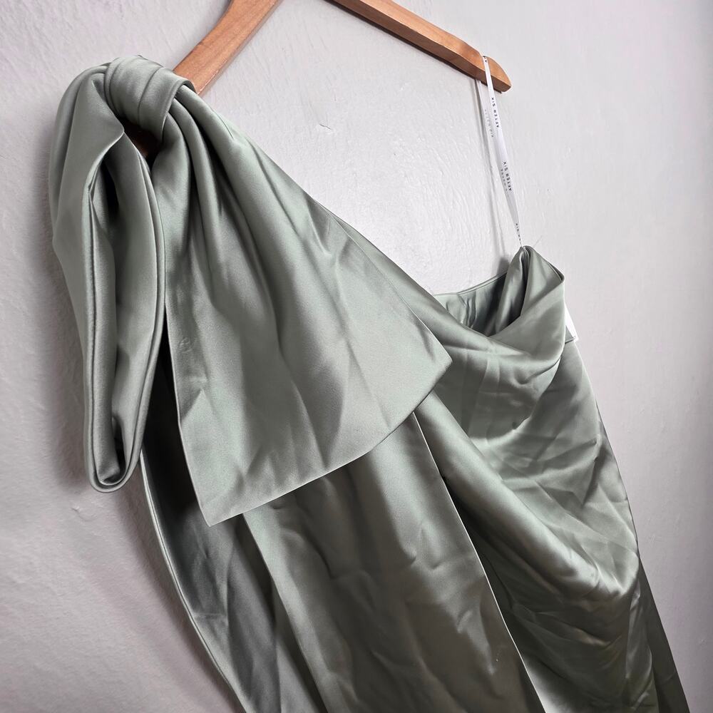 NWT After Six One Shoulder Bias Cut Satin Maxi Dress Sage Green Large - Picture 5 of 10